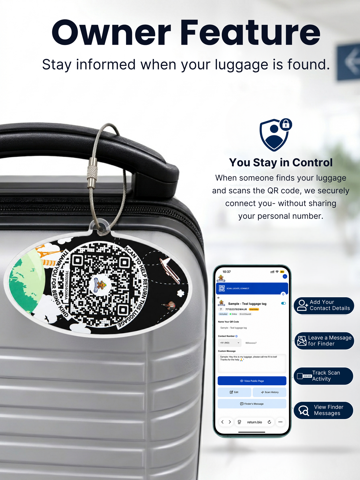 Smart Luggage Tag with QR Owner ID | Supports Global Lost & Found Recovery – Travel Themed - Black  (Pack of 2)