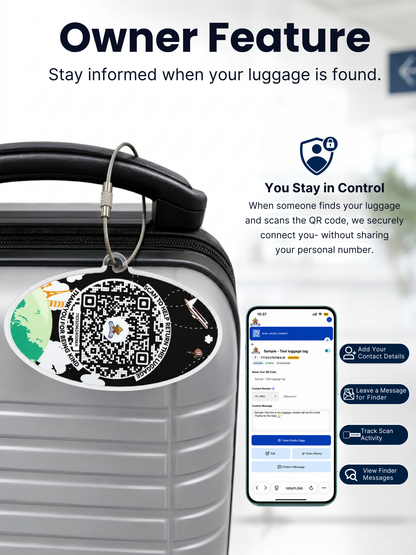 Smart Luggage Tag with QR Owner ID | Supports Global Lost & Found Recovery – Travel Themed - Black  (Pack of 2)