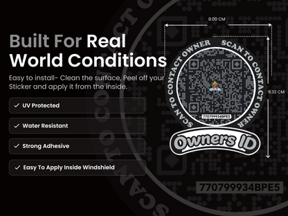 Smart Owners ID QR Car Sticker - Stealth Design (Inside Windshield) | Double-Sided QR Code | Scan to Contact Owner Without Phone Number | Emergency Contact & Vehicle Info Tag