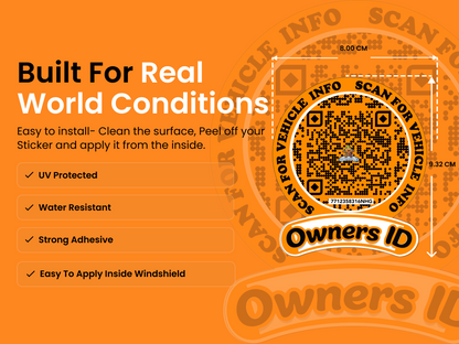 Smart Owners ID QR Car Sticker - Playful Design - Orange (Inside Windshield) | Double-Sided QR Code | Scan to Contact Owner Without Phone Number | Emergency Contact & Vehicle Info Tag