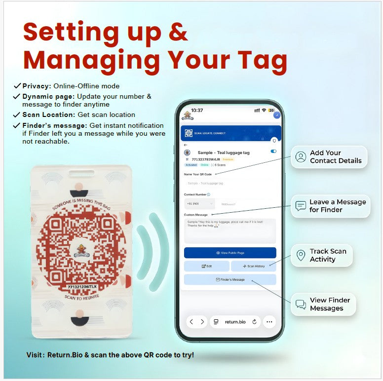 Smart Luggage Tag with QR Owner ID |Supports Global Lost & Found Recovery – Geometry Theme Brown (Pack of 2)