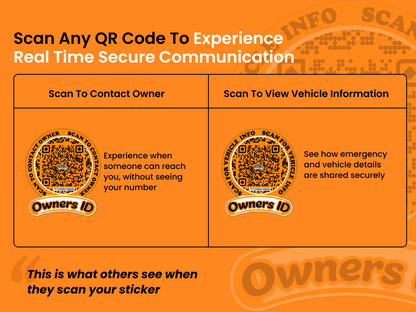 Smart Owners ID QR Car Sticker - Playful Design - Orange (Inside Windshield) | Double-Sided QR Code | Scan to Contact Owner Without Phone Number | Emergency Contact & Vehicle Info Tag