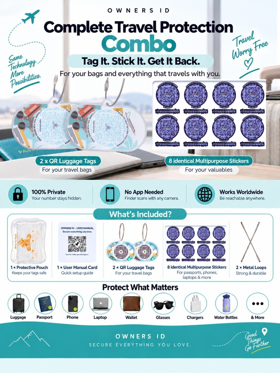 Travel Protection Combo (Solo) - Teal Luggage Tag + 8 Identical Multipurpose Sticker