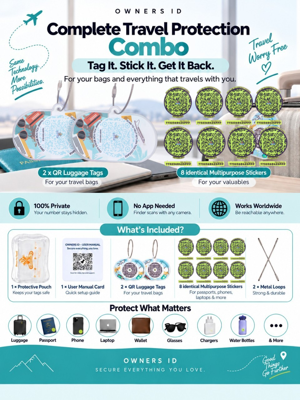 Travel Protection Combo (Solo) - Teal Luggage Tag + 8 Identical Multipurpose Sticker