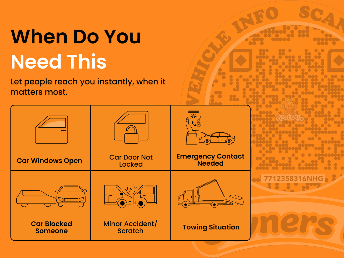 Smart Owners ID QR Car Sticker - Playful Design - Orange (Inside Windshield) | Double-Sided QR Code | Scan to Contact Owner Without Phone Number | Emergency Contact & Vehicle Info Tag