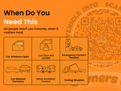 Smart Owners ID QR Car Sticker - Playful Design - Orange (Inside Windshield) | Double-Sided QR Code | Scan to Contact Owner Without Phone Number | Emergency Contact & Vehicle Info Tag
