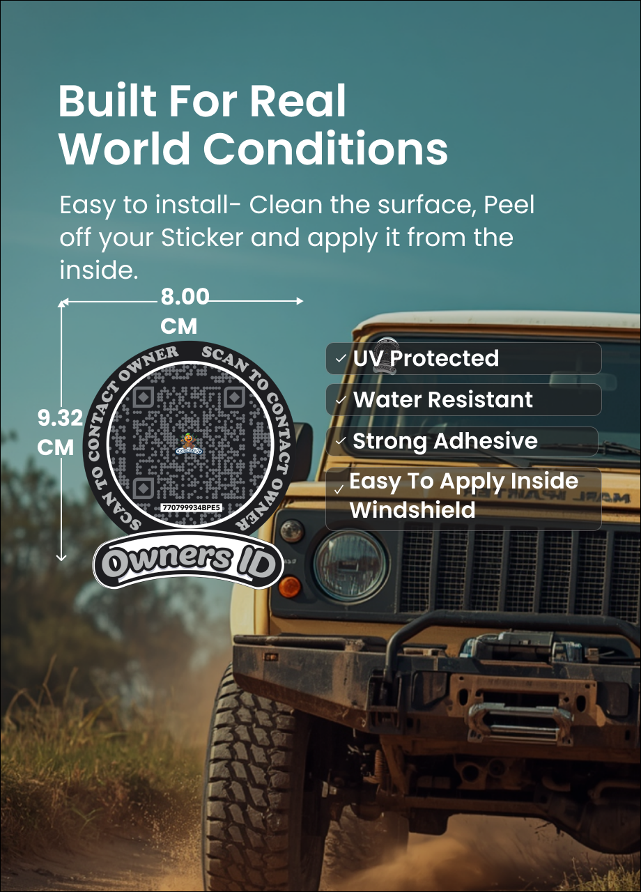 Smart Owners ID QR Car Sticker - Stealth Design (Inside Windshield) | Double-Sided QR Code | Scan to Contact Owner Without Phone Number | Emergency Contact number Sticker & Vehicle Info Tag