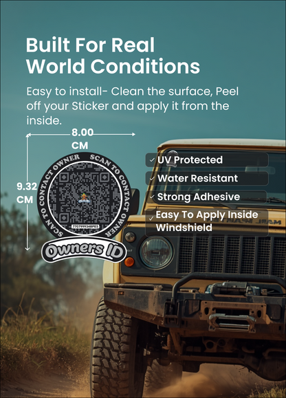 Smart Owners ID QR Car Sticker - Stealth Design (Inside Windshield) | Double-Sided QR Code | Scan to Contact Owner Without Phone Number | Emergency Contact number Sticker & Vehicle Info Tag