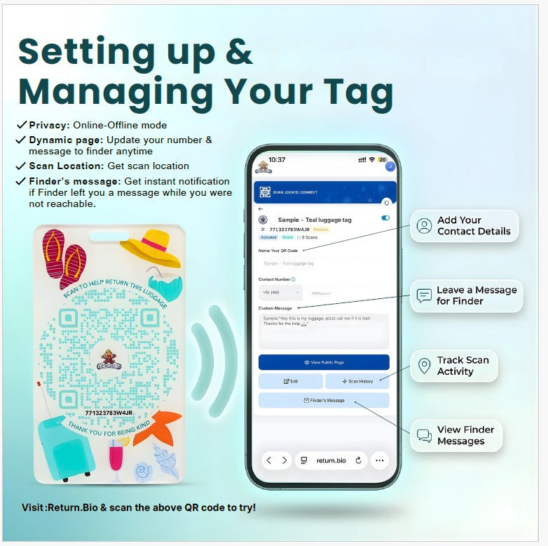 Instructional graphic on setting up and managing Owners ID digital qr tag with smartphone app interface.