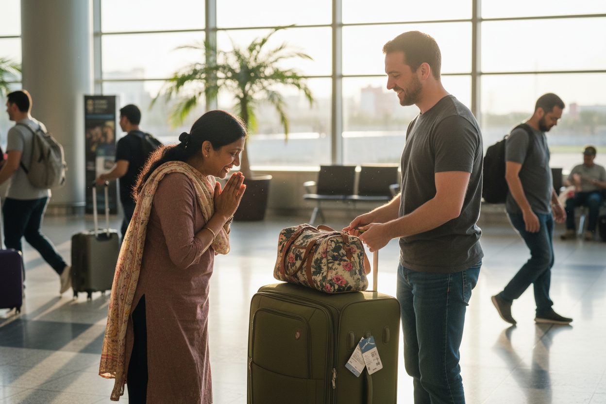 Indian/Asian person thanking someone for returning lost luggage