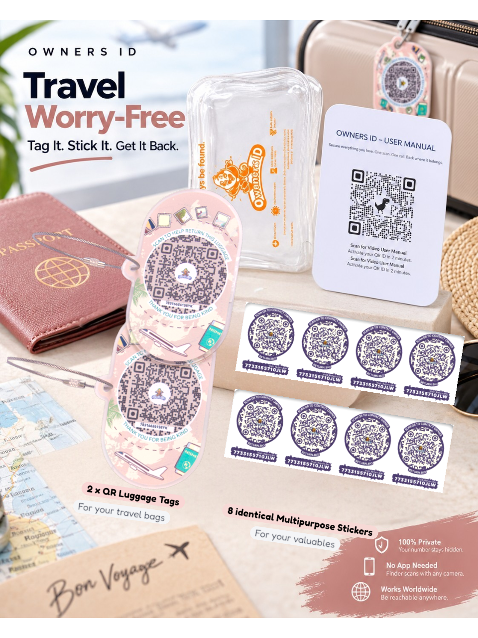Travel Protection Combo (Solo) - Peach Luggage Tag + 8 Identical Multipurpose Sticker