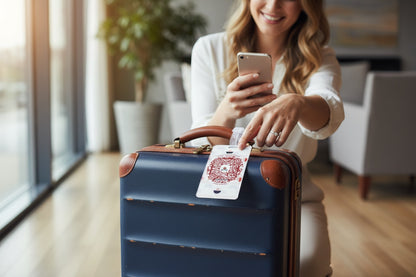 Owners ID Private Limited brown geo pattern acrylic luggage tag with QR code for secure owner identification and lost bag recovery.
