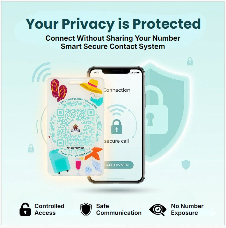 secure luggage tag teal protects privacy no phone number visible qr contact owner safe travel tag